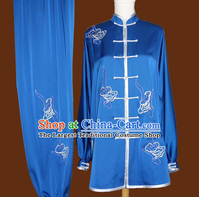 China Wushu Kung Fu Royalblue Uniforms Tai Chi Garment Costumes Martial Arts Embroidered Cloud Clothing Nanquan Boxing Training Suits