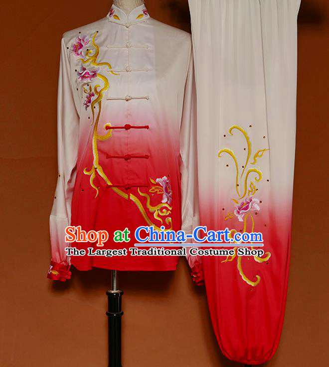 Chinese Kung Fu Tai Chi Performance Suits Martial Arts Embroidered Peony Red Outfits Wushu Competition Garment Costume