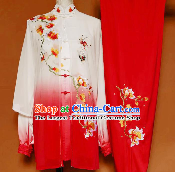 Chinese Tai Ji Training Clothing Tai Chi Kung Fu Red Suits Martial Arts Competition Embroidered Mangnolia Outfits