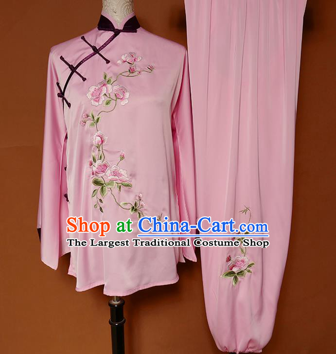 China Tai Chi Group Competition Pink Outfits Tai Ji Sword Performance Suits Martial Arts Kung Fu Embroidered Flowers Clothing