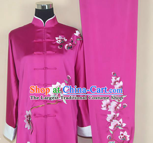 China Tai Chi Competition Purple Outfits Tai Ji Sword Performance Suits Martial Arts Kung Fu Embroidered Mangnolia Clothing