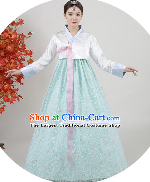 Asian Korea Ancient Bride Garment Costumes Korean Court Hanbok White Blouse and Green Dress Classical Dance Outfits Traditional Wedding Dress