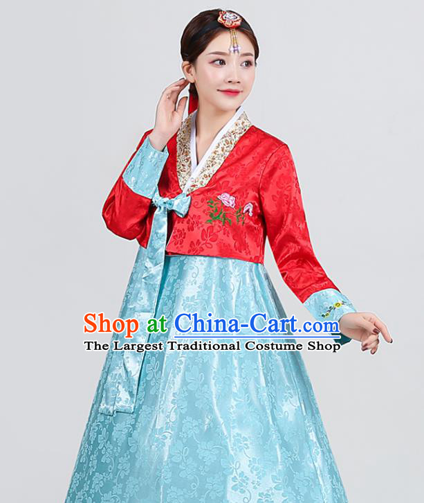 Asian Traditional Wedding Hanbok Uniforms Korea Dance Clothing Korean Ancient Court Garment Costumes Embroidered Red Blouse and Blue Dress