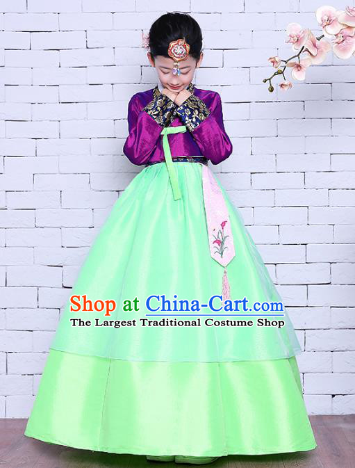 Asian Traditional Hanbok Clothing Korea Girl Princess Embroidered Purple Blouse and Green Dress Korean Children Court Garment Costumes