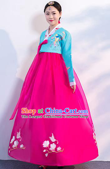 Korea Traditional Hanbok Uniforms Ancient Court Dance Clothing Asian Korean Embroidered Blue Blouse and Rosy Dress