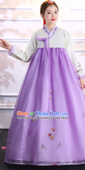 Korea Ancient Bride Clothing Asian Traditional Hanbok Embroidered White Blouse and Purple Dress Korean Court Uniforms