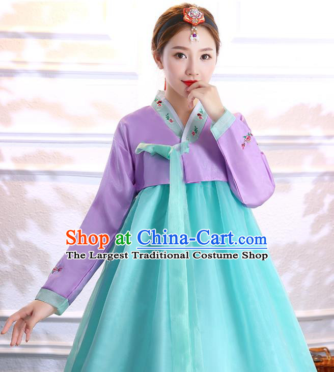 Korean Court Wedding Uniforms Korea Ancient Bride Clothing Asian Traditional Hanbok Embroidered Purple Blouse and Blue Dress