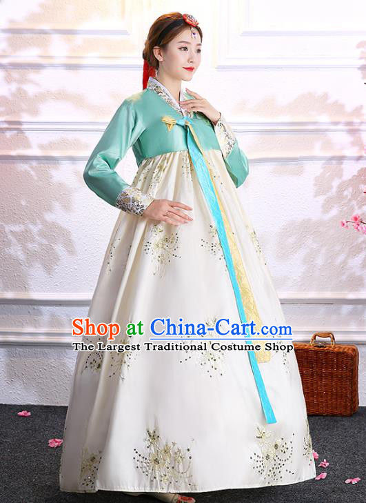 Korean Court Bride Fashion Garments Korea Wedding Clothing Asian Classical Dance Embroidered Green Blouse and Beige Dress Traditional Hanbok