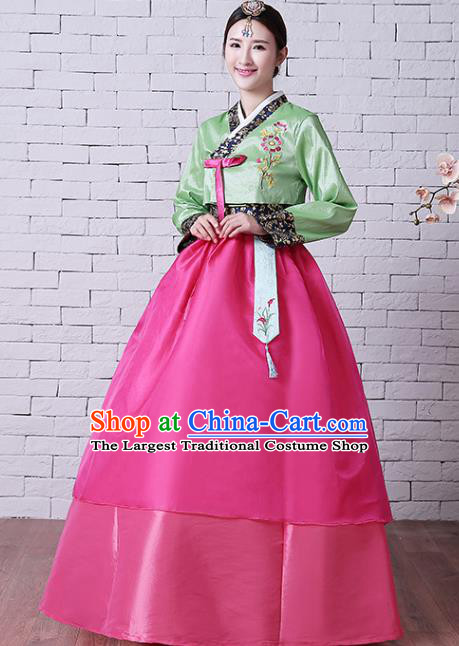 Korean Court Hanbok Asian Traditional Bride Fashion Garments Korea Wedding Clothing Classical Embroidered Green Blouse and Rosy Dress