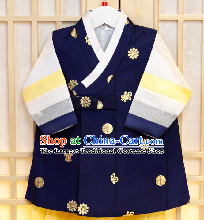 Korea Boys Prince Birthday Fashion Hanbok Clothing Korean Children Navy Vest White Shirt and Yellow Pants Traditional Garment Costumes