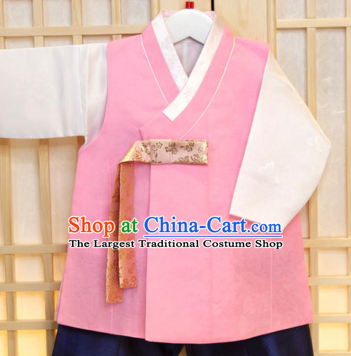 Korea Traditional Garment Costumes Boys Prince Birthday Fashion Hanbok Clothing Korean Children Pink Vest White Shirt and Navy Pants