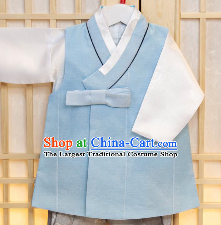 Korean Traditional Hanbok Clothing Children Garment Blue Vest White Shirt and Grey Pants Korea Boys Prince Birthday Fashion Costumes