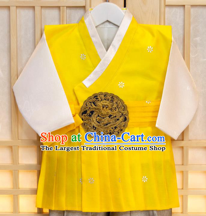 Korean Hanbok Clothing Korea Boys Prince Birthday Fashion Children Yellow Vest White Shirt and Grey Pants Traditional Garment Costumes