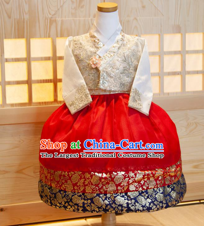 Korean Children Hanbok Clothing Princess Fashion Korea Girl Festival White Shirt and Red Dress Traditional Garment Costumes