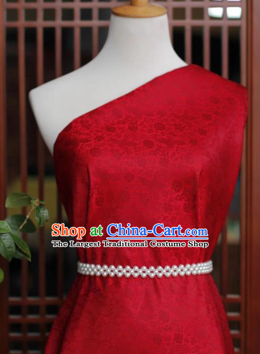 Chinese Traditional Qipao Dress Drapery Silk Fabric Classical Phoenix Peony Pattern Wine Red Brocade Cloth Tapestry Material