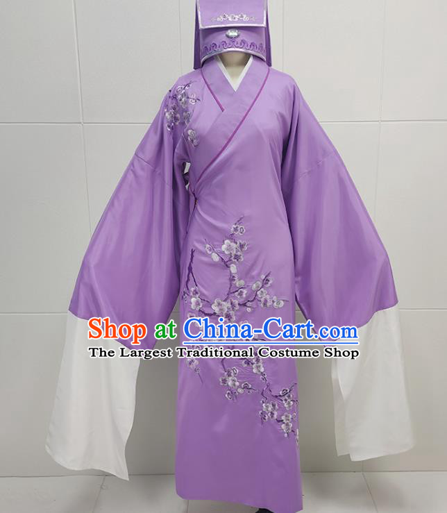 China Peking Opera Scholar Purple Robe Garments Traditional Shaoxing Opera Xiaosheng Clothing and Headwear