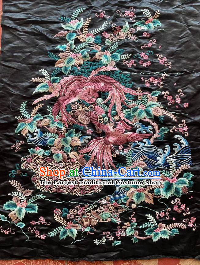 Chinese Hand Embroidery Craft Traditional Embroidered Phoenix Black Silk Cloth