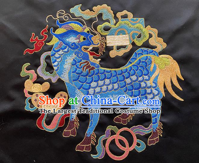 Chinese Hand Embroidery Kylin Applique Craft Traditional Embroidered Black Silk Cloth