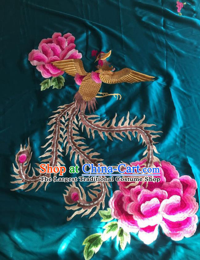 Chinese Hand Embroidery Blue Silk Applique Craft Traditional Embroidered Phoenix Peony Cloth Patch