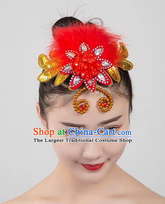 China Traditional Fan Dance Red Feather Hair Stick Folk Dance Headpiece Woman Yangko Dance Hair Accessories