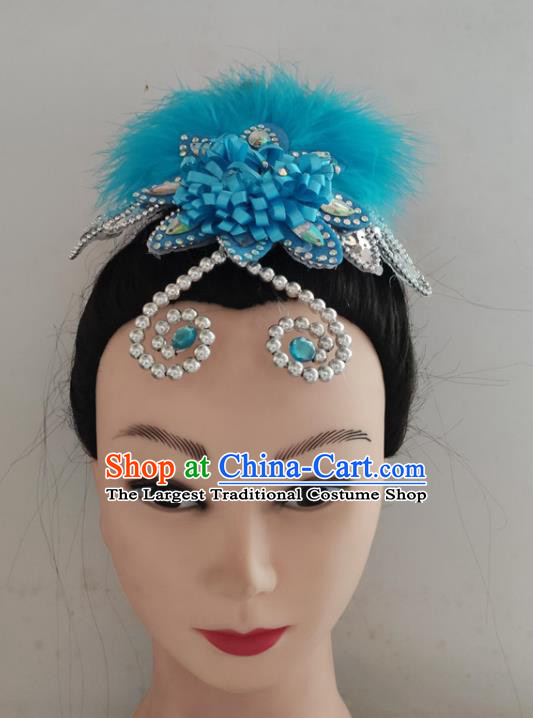 China Folk Dance Headpiece Woman Yangko Dance Hair Accessories Traditional Fan Dance Blue Feather Hair Stick
