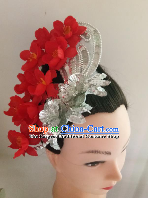 China Woman Group Dance Hair Accessories Traditional Yangko Dance Headpiece Folk Dance Fan Performance Red Peach Blossom Hair Stick