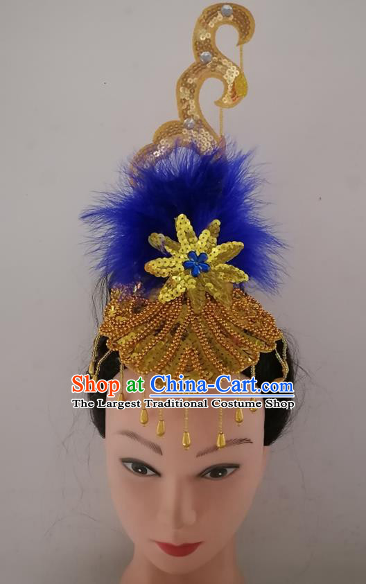 China Traditional Yangko Dance Hair Crown Woman Group Dance Royalblue Feather Hair Clasp Folk Dance Headpiece