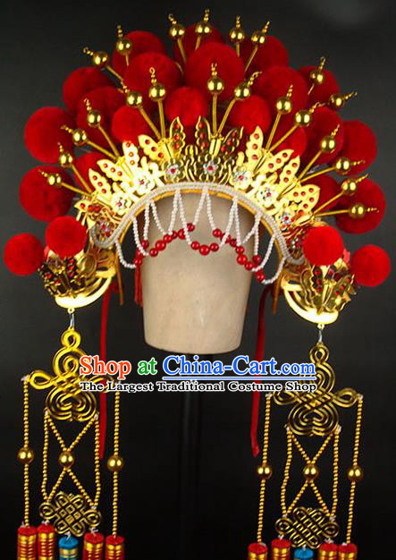 Chinese Peking Opera Wedding Headdress Beijing Opera Hua Tan Phoenix Hat Traditional Opera Bride Red Pompon Helmet