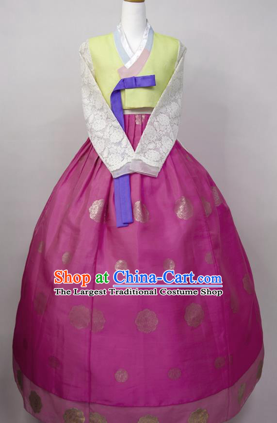 Korean Bride Fashion Costumes Korea Young Lady Classical Hanbok Yellow Blouse and Purple Dress Traditional Wedding Clothing