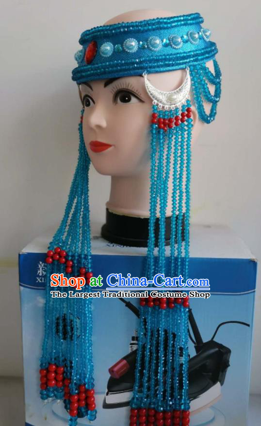 Handmade Chinese Mongol Nationality Folk Dance Blue Beads Tassel Headdress Mongolian Ethnic Bride Hat Headband
