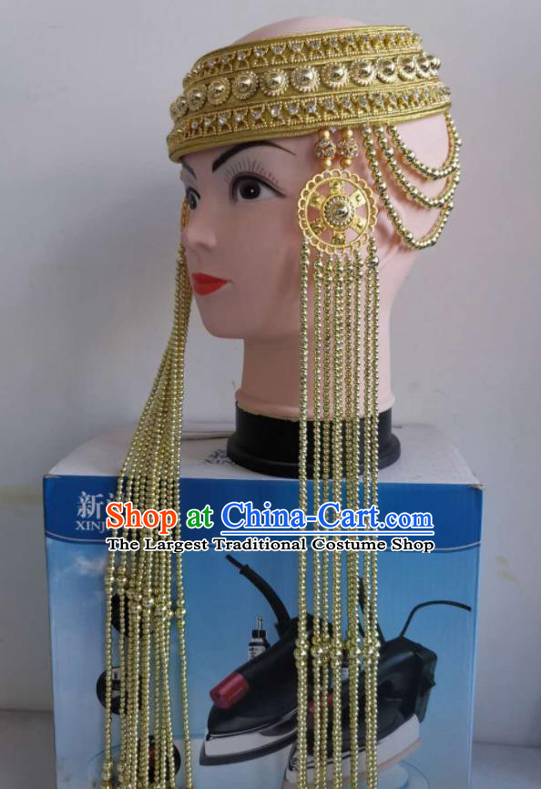 Handmade Chinese Mongol Nationality Wedding Headband Folk Dance Headdress Mongolian Ethnic Bride Golden Beads Tassel Hat