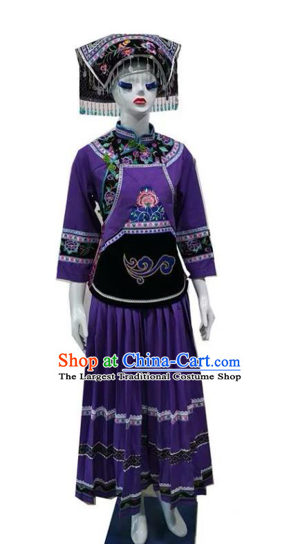 Chinese Puyi Nationality Female Clothing Bouyei Minority Purple Dress Uniforms Guizhou Ethnic Folk Dance Garment Costumes and Hat