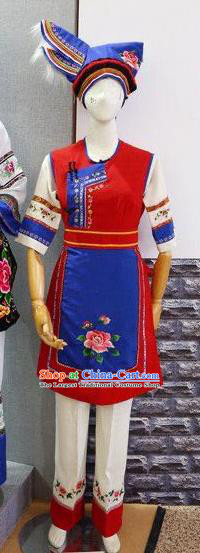 Chinese Yunnan Ethnic Woman Garment Costumes Bai Nationality Female Clothing Minority Folk Dance Red Uniforms and Headpiece