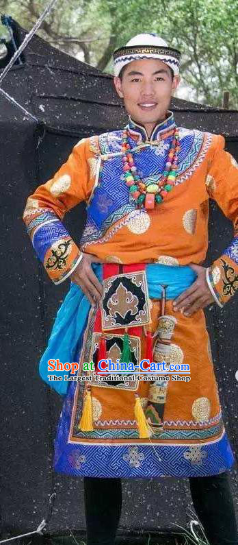 China Traditional Yugur Nationality Young Male Yellow Robe Outfits Wedding Clothing Yuku Ethnic Bridegroom Garment Costumes and Headwear