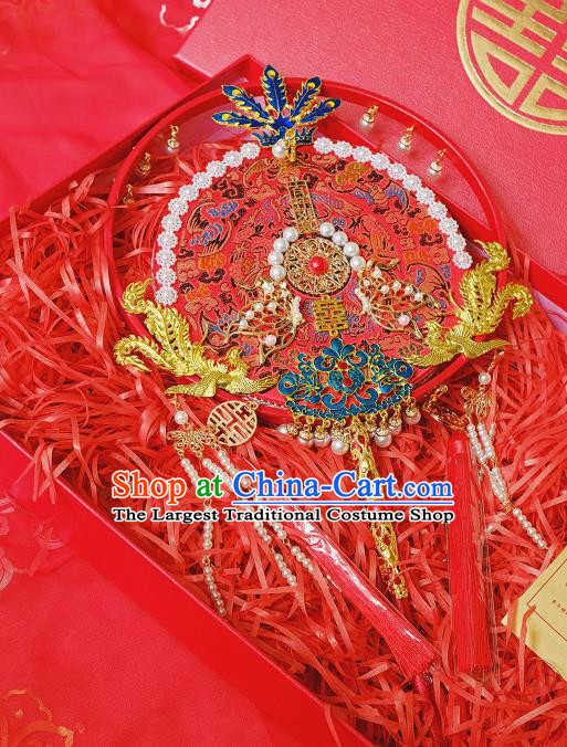 China Classical Dance Circular Fan Handmade Red Silk Fan Traditional Wedding Fan Bride Cloisonne Phoenix Palace Fan