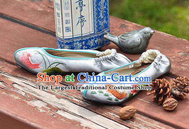 China Embroidered Lotus Fish Shoes Handmade Satin Shoes Woman Grey Brocade Shoes National Folk Dance Shoes