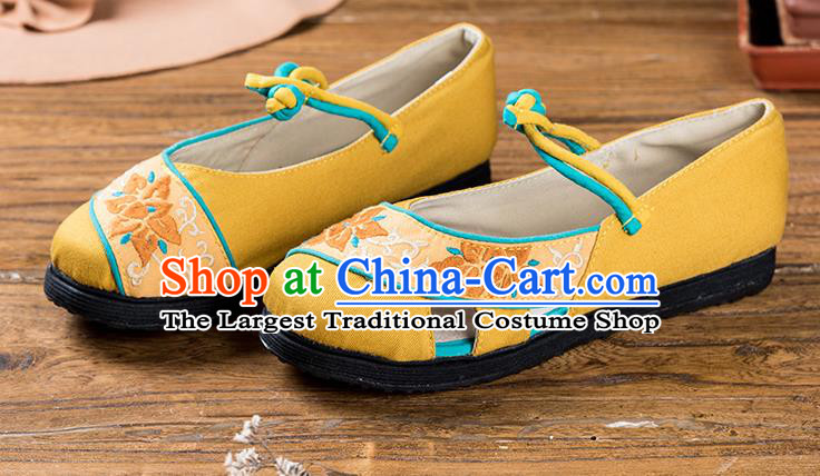 China Folk Dance Sandals National Female Shoes Embroidered Yellow Canvas Shoes Handmade Old Beijing Cloth Shoes