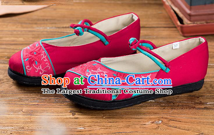 China Handmade Old Beijing Cloth Shoes Folk Dance Sandals National Female Shoes Embroidered Rosy Canvas Shoes