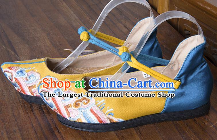 China Folk Dance Shoes National Old Beijing Cloth Shoes Embroidered Yellow Flax Shoes Handmade Woman Shoes