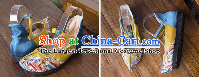 China Folk Dance Shoes National Old Beijing Cloth Shoes Embroidered Yellow Flax Shoes Handmade Woman Shoes