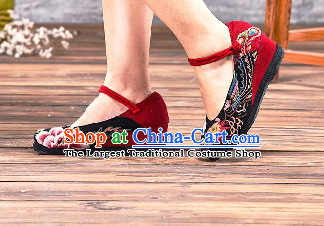 China Handmade Red Canvas Shoes Folk Dance Wedge Heel Shoes National Woman Cloth Shoes Embroidered Phoenix Peony Shoes