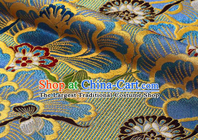 Japanese Traditional Cloth Fabric Kimono Blue Brocade Nishijin Tapestry Satin Classical Peony Pattern Damask