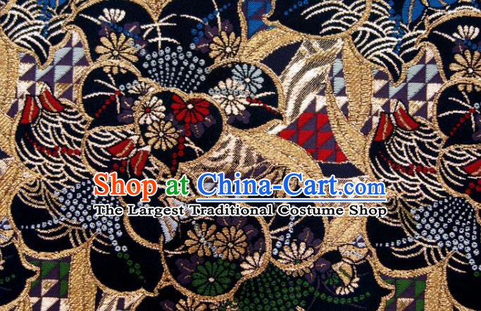 Japanese Nishijin Tapestry Classical Flowers Pattern Damask Traditional Kimono Satin Cloth Black Brocade Fabric