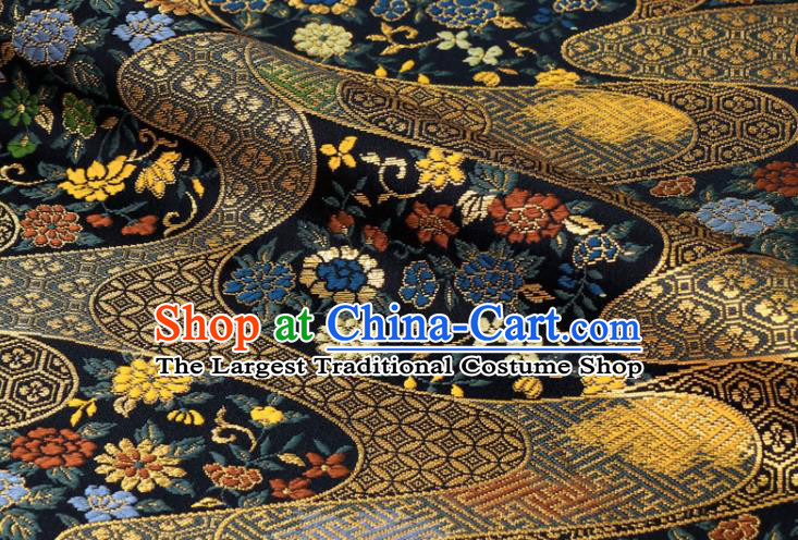 Japanese Kimono Satin Cloth Traditional Damask Drapery Classical Nishijin Tapestry Royal Chrysanthemum Peony Pattern Navy Brocade Fabric