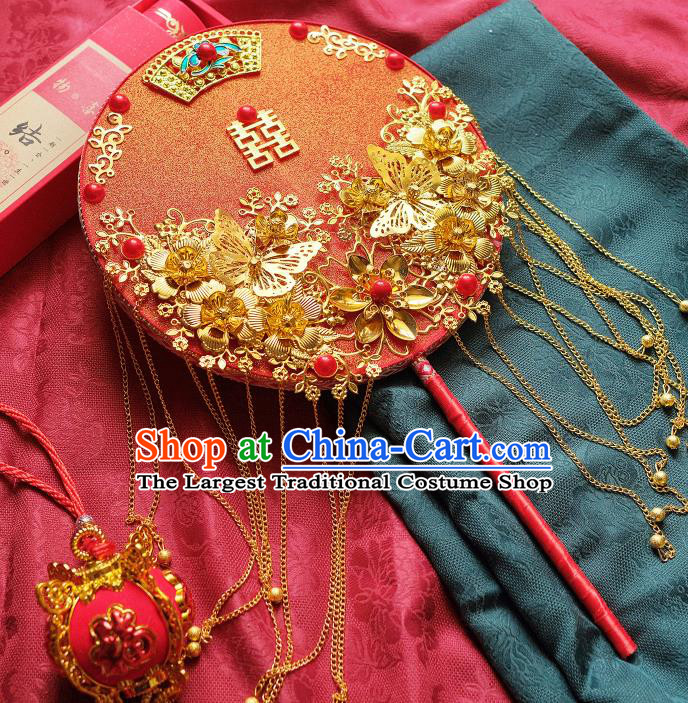 China Classical Dance Circular Fan Handmade Red Silk Fan Traditional Wedding Fan Bride Golden Butterfly Tassel Palace Fan