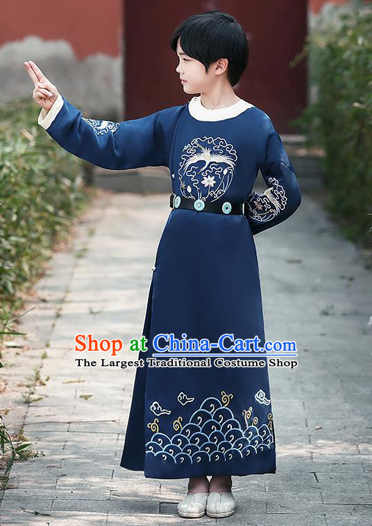 China Traditional Dance Performance Clothing Ancient Boys Knight Garment Costume Tang Dynasty Swordsman Embroidered Navy Robe