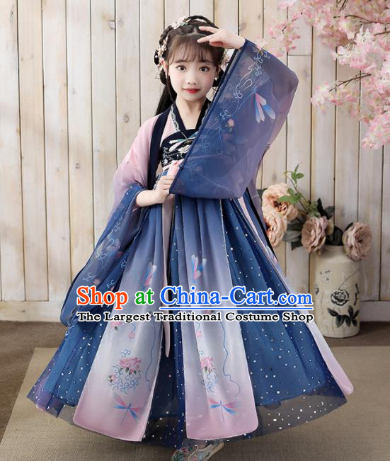 Chinese Ancient Fairy Garments Children Classical Dance Performance Clothing Traditional Tang Dynasty Girl Princess Blue Hanfu Dress