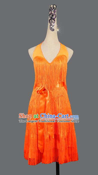 Professional Rumba Dance Fashion Latin Dance Sexy Orange Tassel Dress Cha Cha Costume Women Dancing Competition Clothing