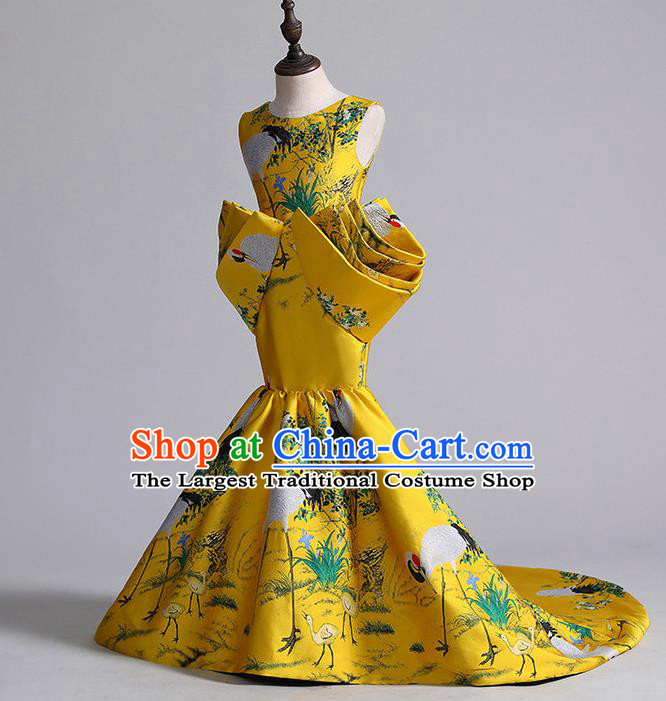 China Printing Crane Yellow Trailing Dress Girl Catwalks Clothing Stage Performance Garment Costume Children Dance Wear