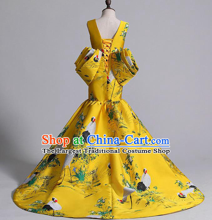 China Printing Crane Yellow Trailing Dress Girl Catwalks Clothing Stage Performance Garment Costume Children Dance Wear